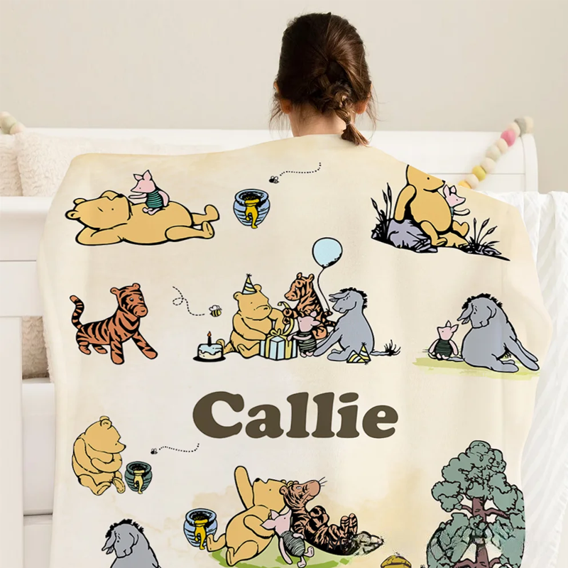 Personalized Classic Winnie the Pooh Illustration Soft Throw Blanket with Name Nusery Decor Birthday Baby Shower Gift for Newborns Boys Girls