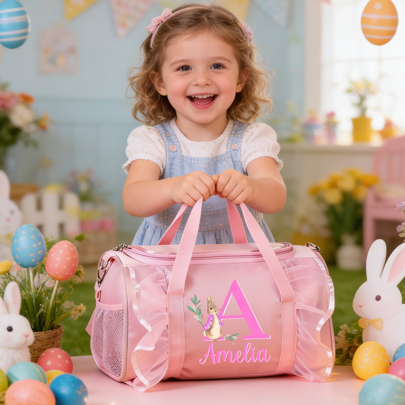 Personalized Floral Alphabet Letter Theme Name Pink Lace Trim Cute Girl Travel Overnight Tote Weekend Gift Duffle Bag