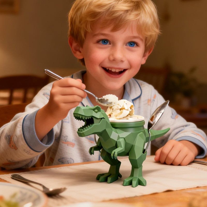 Dinosaur Theme Custom Name Cool Green T Rex Ice Cream Holder 3D Printed Cozy with Spoon Slot