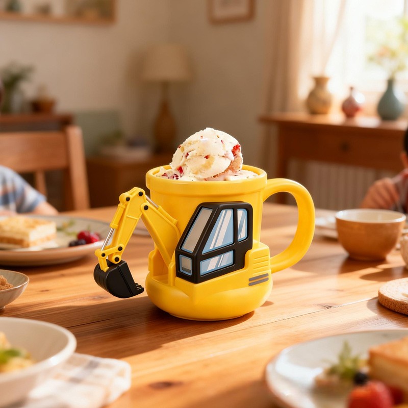 Construction Theme Custom Name Cute Yellow Excavator Ice Cream Holder 3D Printed Cozy with Spoon Slot