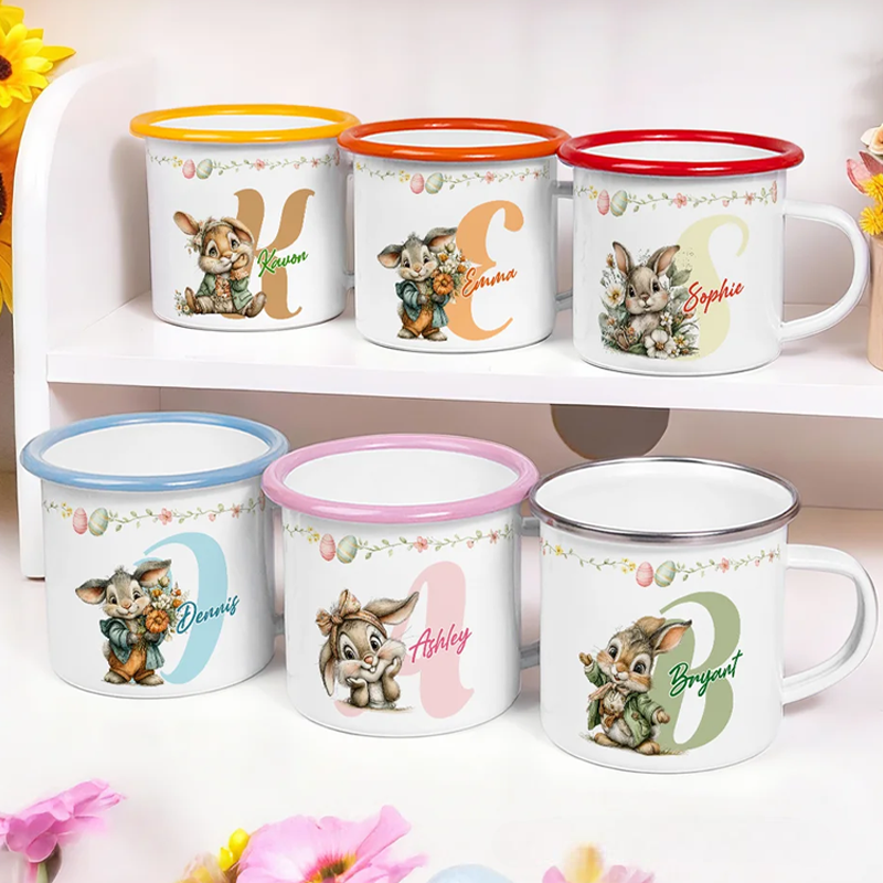 Personalized Cartoon Easter Bunny Initial 12 oz Colored Rim Enamel Mug with Name Easter Gift for Boys and Girls