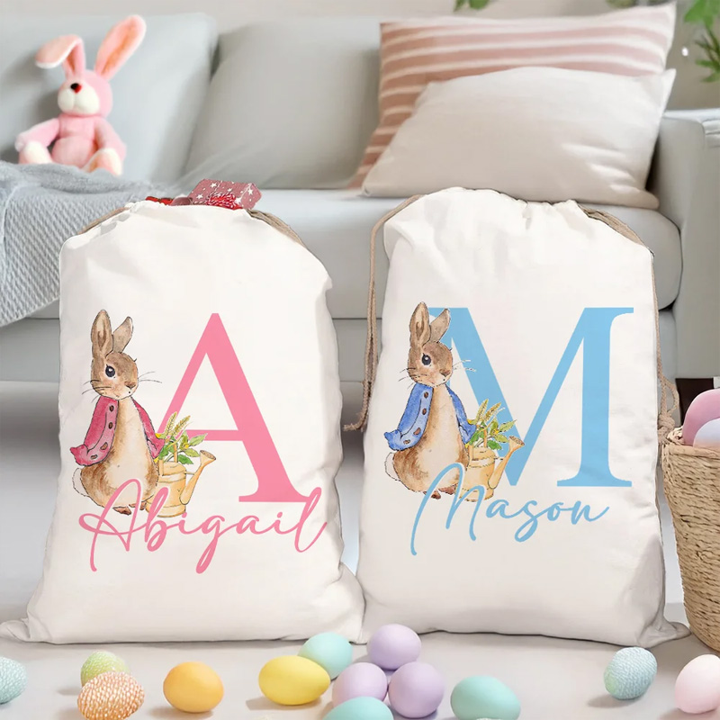 Personalized Cute Easter Bunny Drawstring Gift Bag with Initial and Name Easter Birthday Gift for Kids Family