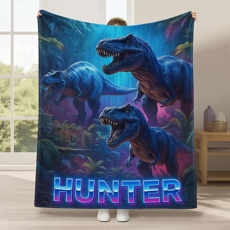 Personalized Dinosaur Themed Blanket with Name Home Decor Birthday Gift for Boys Dinosaur Lovers