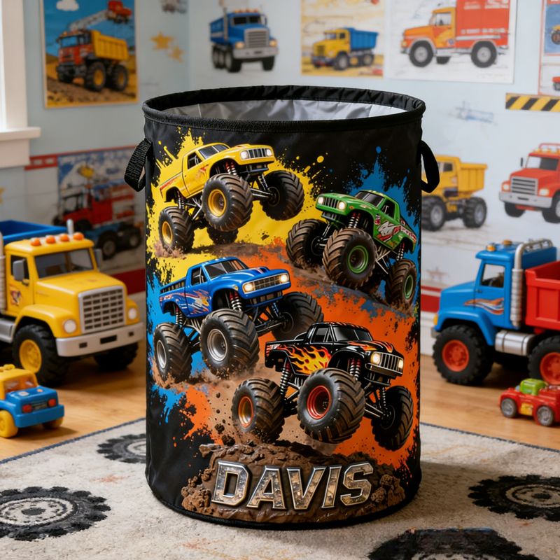 Personalized Monster Truck Themed Laundry Hamper Birthday Gift for Kids