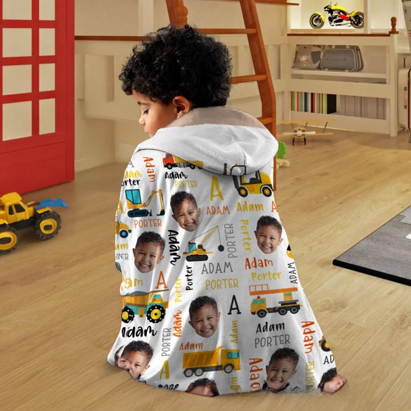 Personalized Truck Excavator Face Photo Soft Hooded Blanket with Initial and Name Birthday Gift for Engineering Vehicle Lover