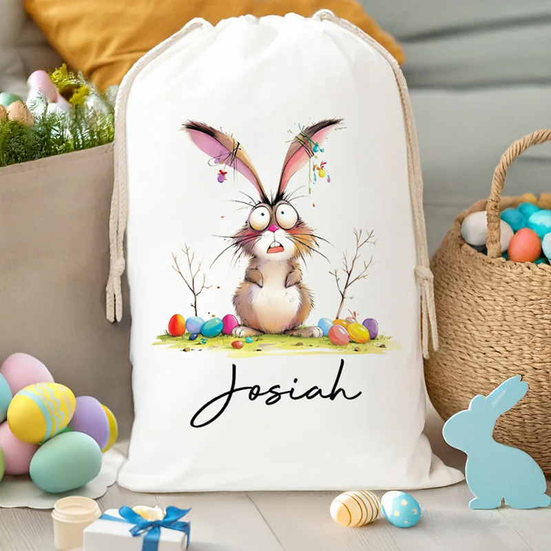 Personalized Quirky Easter Bunny Large Capacity Drawstring Canvas Treat Bag with Name Easter Egg Hunt Holiday Party Favors Gift for Kids Family