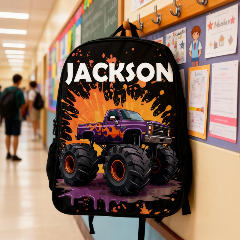 Personalized Big Wheel Off-Road Truck Design and Custom Name Backpack for Kids Black to School Gift 