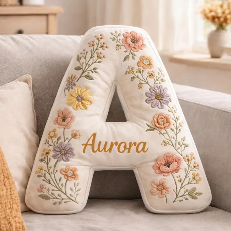 Personalized Initial Theme Custom Name Beautiful Flower Pattern Letter Shaped Home Decor 3D Print Pillow