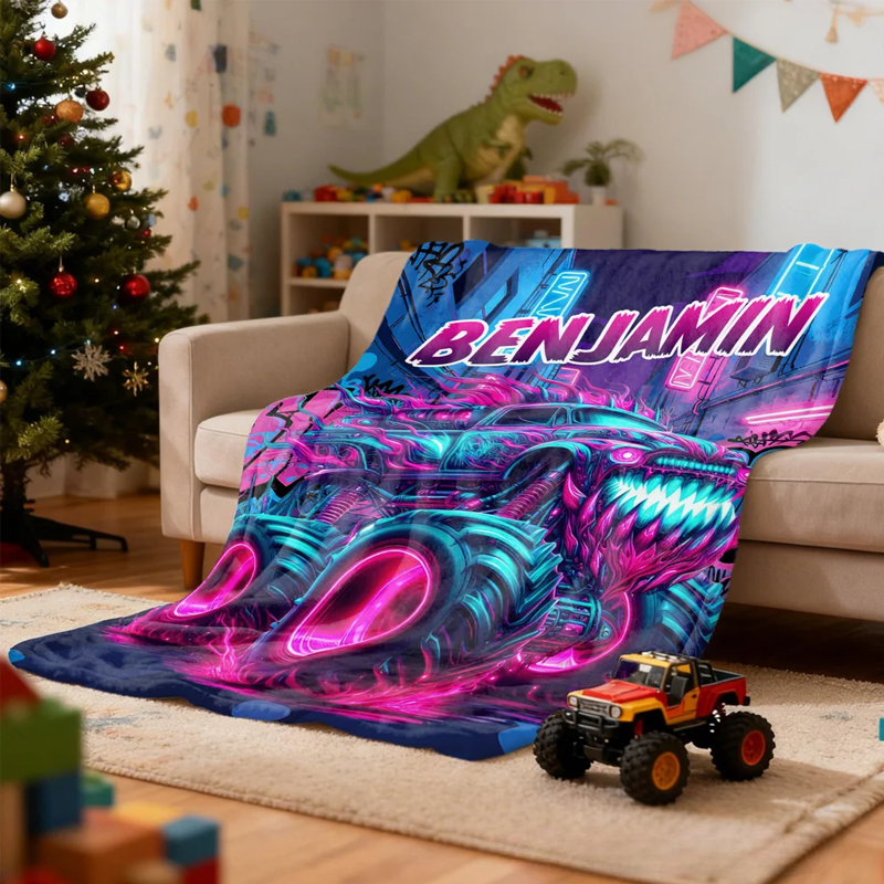 Personalized Monster Neon Truck Soft Throw Blanket with Name Home Decor Birthday Gift for Boys Truck Lovers