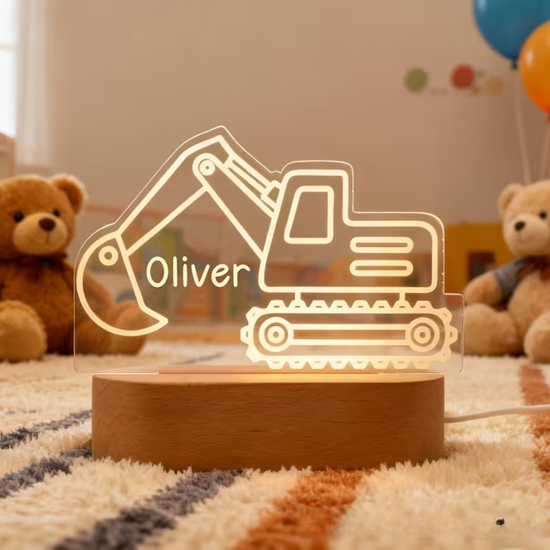 Personalized Tractor and Dinosaur Night Light New Baby Gift Kids Bedroom Lamp 1st Christmas Gift