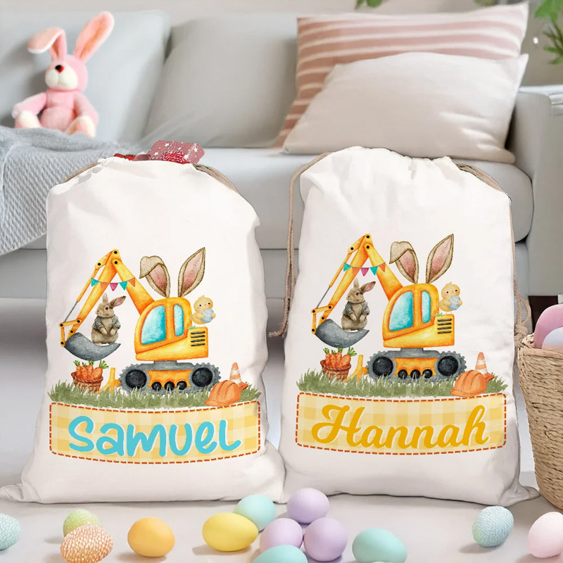 Personalized Cute Bunny Ears Excavator Design Drawstring Treat Bag with Multicolor Name Easter Birthday Party Gifts for Kids