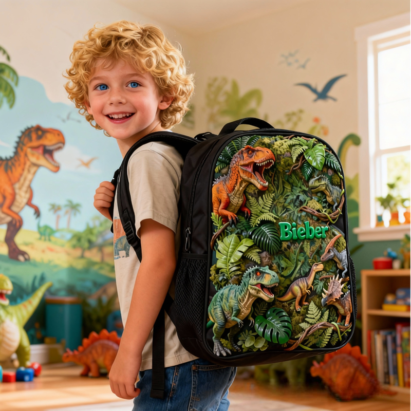 Personalized Cool Dinosaur Design and Custom Name Backpack for Kids Black to School Gift Dinosaur Lover Gift