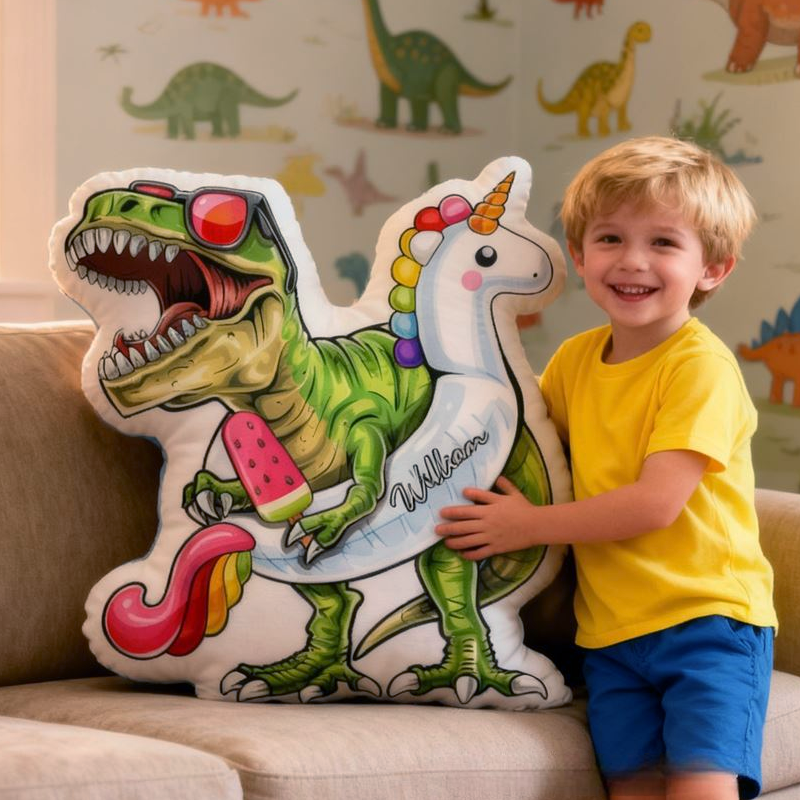 Personalized Cartoon Dinosaur-Themed with Name Graphic 3D Print Pillow Christmas Gift for Kids or Baby Birthday Gift
