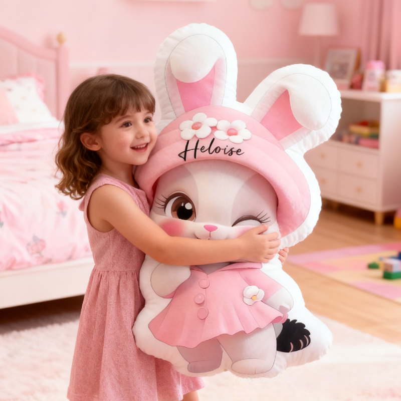 Personalized Cute Pink Rabbit with Name Graphic 3D Print Pillow Christmas Gift for Kids or Baby Birthday Gift