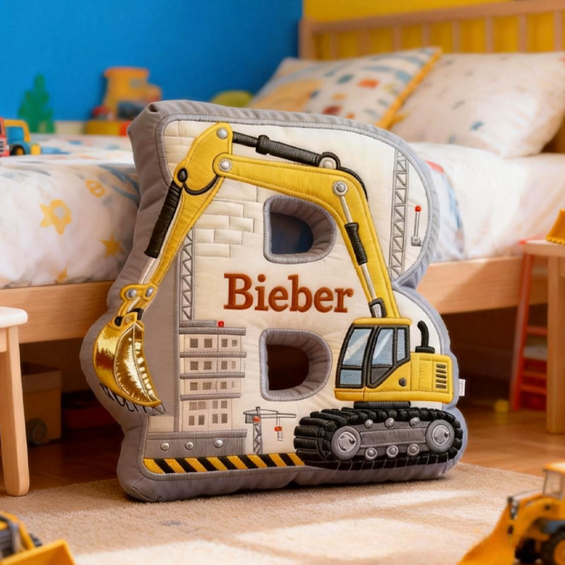 Personalized Excavator Theme Initial Name Graphic 3D Print Pillow Christmas Gift for Kids