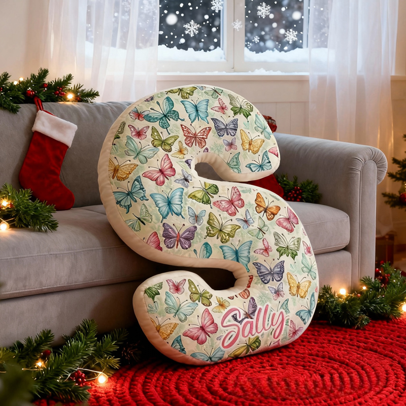 Personalized Butterfly-Patterned Letter with Name Graphic 3D Print Pillow Christmas Gift for Kids or Baby Birthday Gift