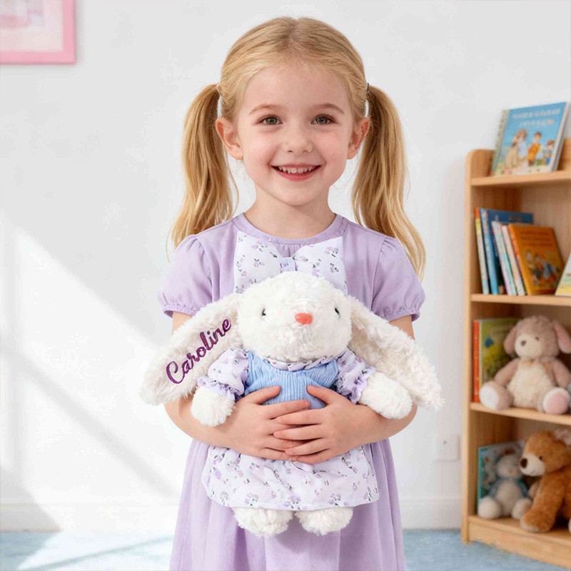 Personalized Cute Bunny Theme Custom Name Adorable Rabbit with Bow and Floral Dress Bunny Doll Toy