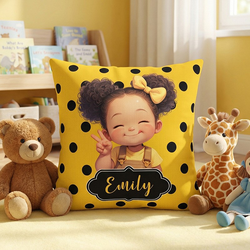 Personalized Girl Theme Custom Name Cute Pink Polka Dot Cartoon Character Style 3D Print Pillow