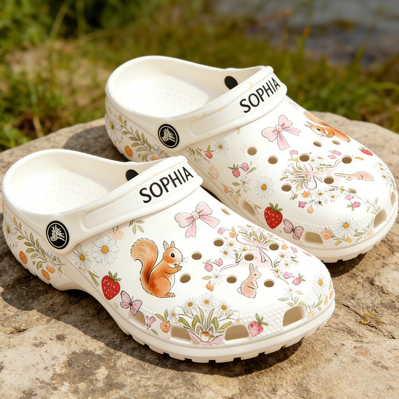 Personalized Floral Garden Theme Custom Name Cute Flower and Butterfly Pattern Summer Rubber Clogs