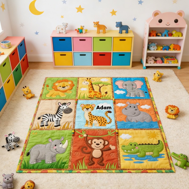 Personalized Jungle Animal Theme Custom Name Cute Safari Lion Giraffe Elephant Monkey Blanket