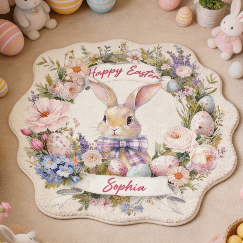 Personalized Bunny Theme Custom Name Cute Easter Rabbit with Floral Wreath Pastel Carpet Rug for Kids