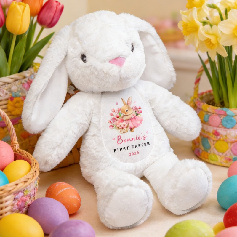 Personalized First Easter Cute Bunny Plush Stuffed Animal Toy with Name and Year Holiday Baby Shower Gift for Boys Girls
