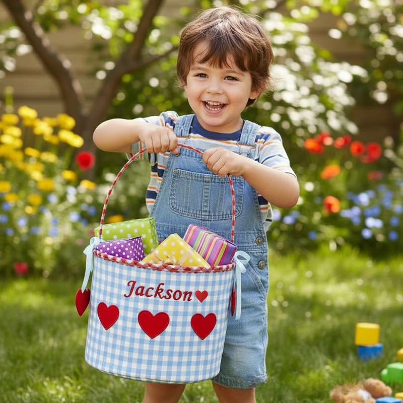 Personalized Gingham Heart Bucket Bag with Embroidered Name Birthday V
