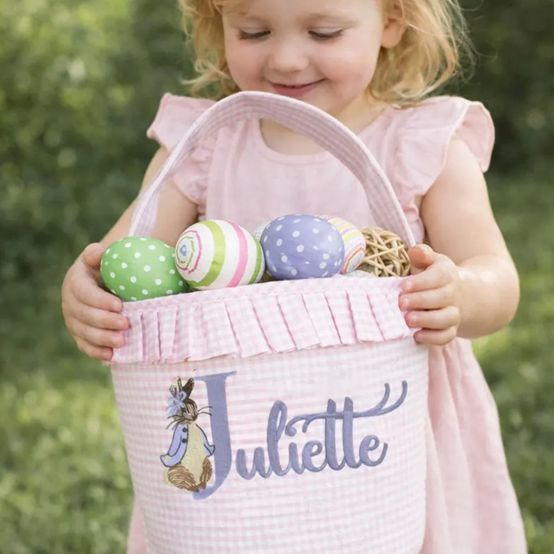 Personalized Easter Bunny Theme Name Embroidered Gingham Fabric Basket Kids Egg Hunt Gift Tote Spring Storage Basket