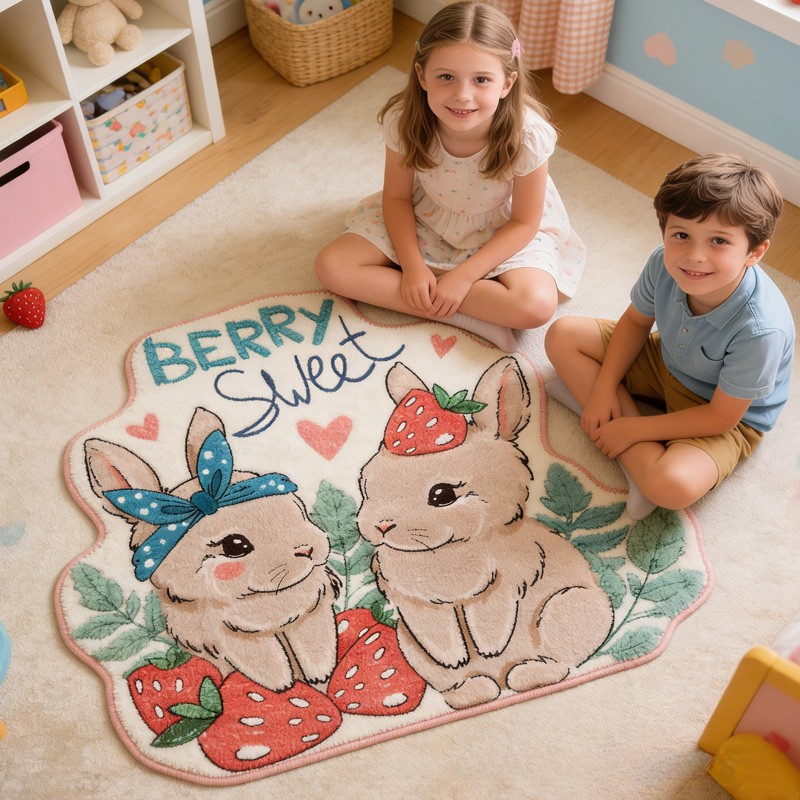 Personalized Bunny Theme Custom Name Cute Rabbits with Strawberries Sweet Pastel Carpet Rug for Kids