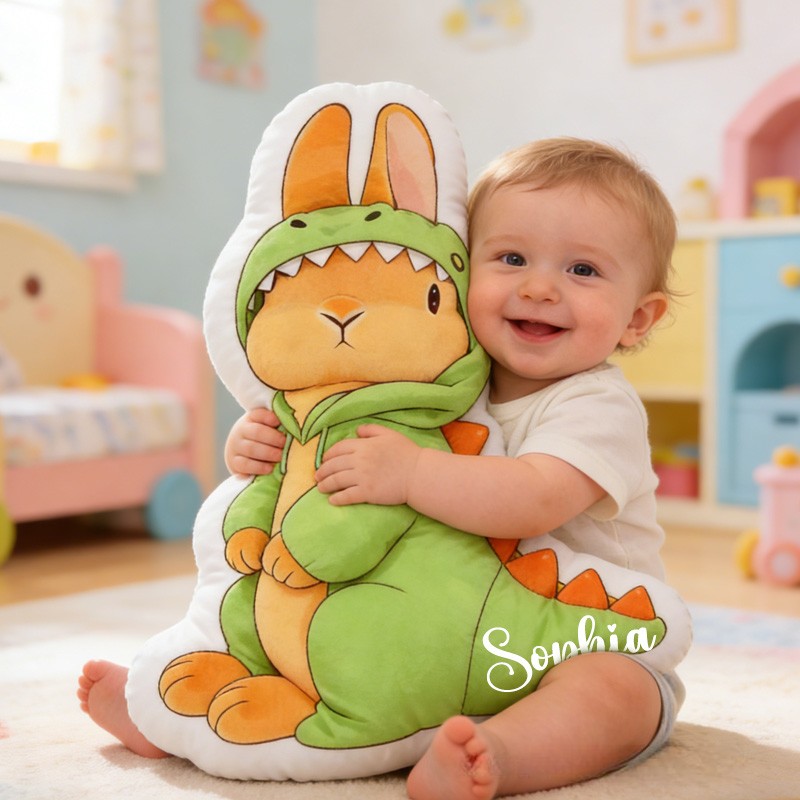 Personalized Bunny Theme Custom Name Cute Rabbit Wearing Green Dinosaur Costume 3D Print Pillow