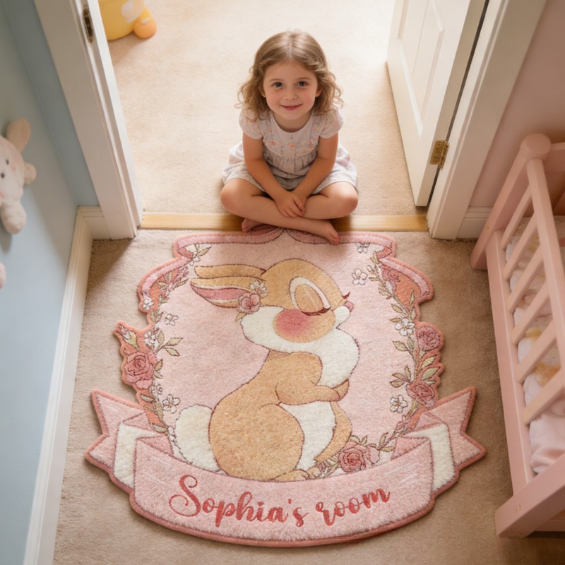 Personalized Bunny Theme Custom Name Cute Pink Bow Floral Wreath Soft Pastel Carpet Rug for Kids