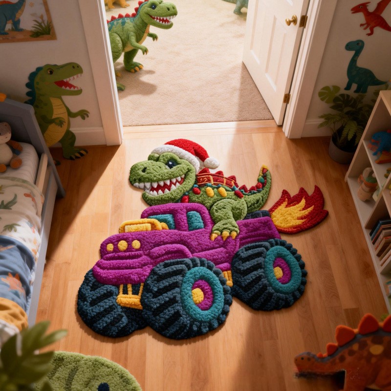 Personalized Monster Truck Theme Custom Name Cool Dinosaur Driver Fire Wheel Carpet Rug for Kids