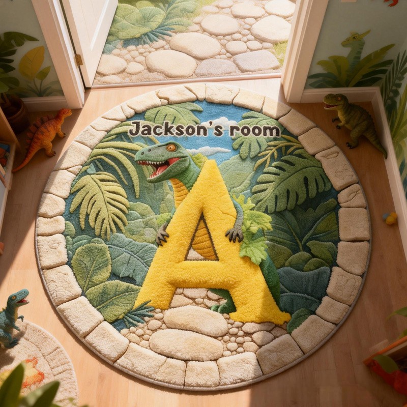 Personalized Dinosaur Theme Custom Name Jungle Adventure Green T Rex Playtime Carpet Rug for Kids