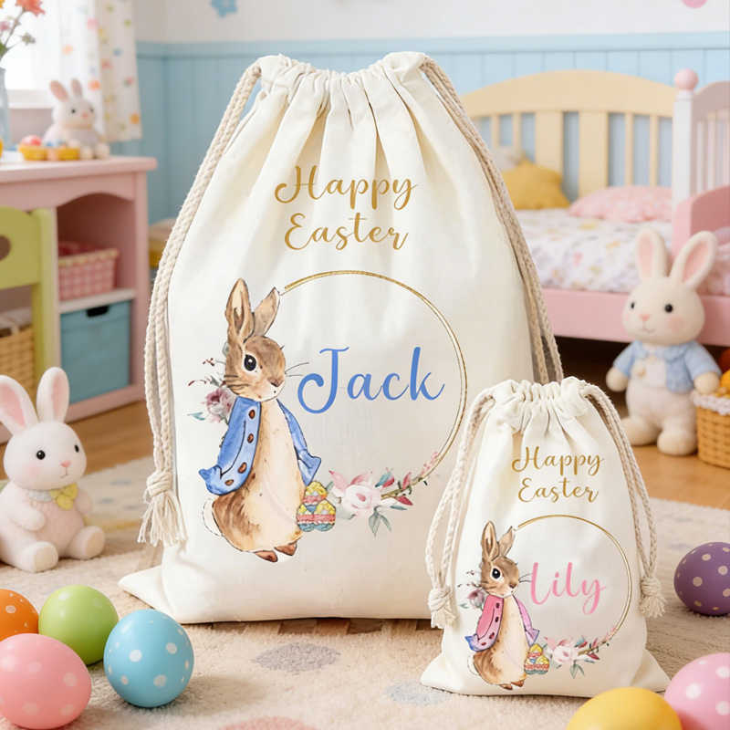 Personalized Easter Bunny Theme Name Custom Cotton Drawstring Gift Bag Kids Candy Storage Reusable Gift Bag