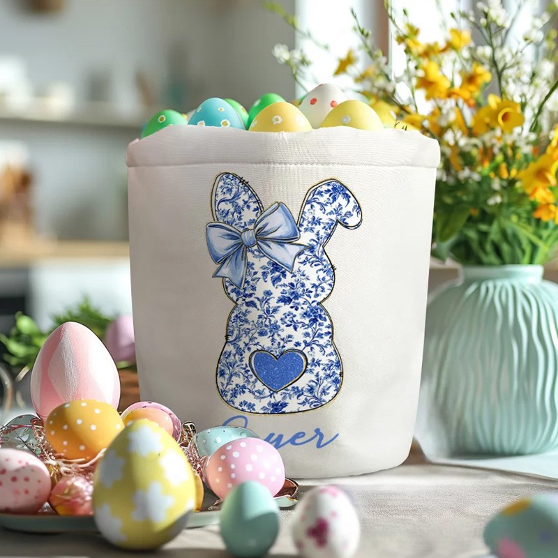Personalized Cute Bow Bunny Canvas Easter Basket with Name Easter Eggs Hunting Party Favor Gift for Boys Girls