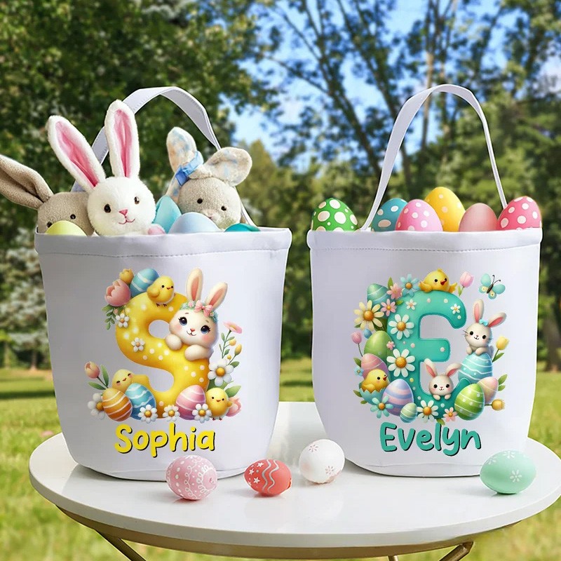 Personalized Cartoon Bunny Easter Eggs Large Capacity Canvas Easter Basket with Name and Initial Eggs Hunting Party Easter Gift for Kids