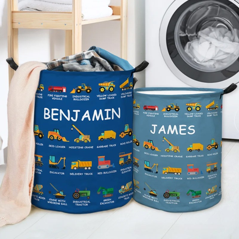 Building Fun One Load at a Time - Personalized Construction Truck Excavator Bulldozer Waterproof 40L Laundry Basket - Gift for Boys Girls Truck Lovers
