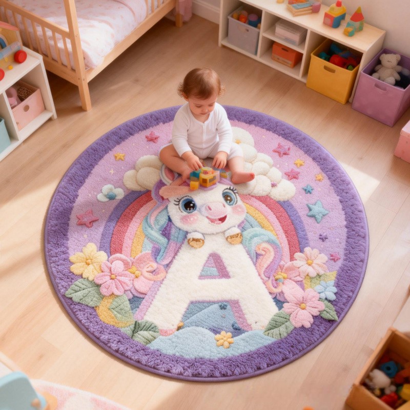 Personalized Dream Horse Theme Custom Name Rainbow Cloud Magical Letter A Round Carpet Rug for Kids