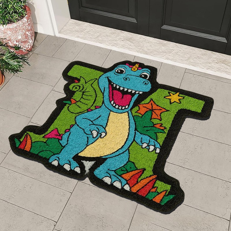 Personalized Dinosaur Theme Custom Name Green Blue T Rex Fun Cartoon Style Carpet Rug for Kids