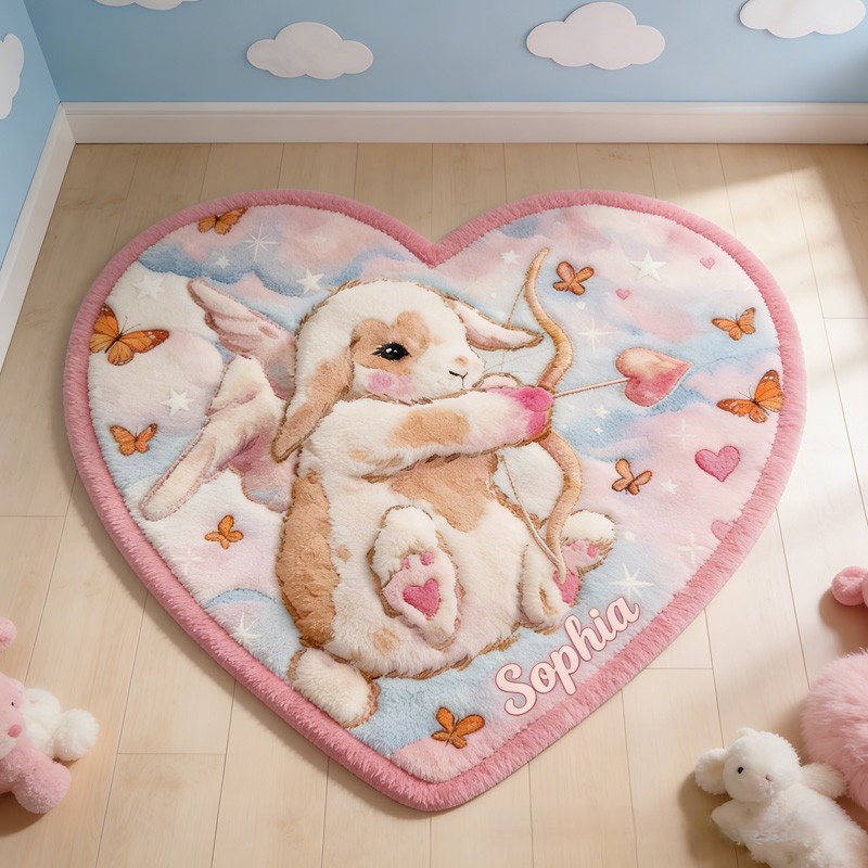 Personalized Bunny Angel Theme Custom Name Heart Shape Cute Pink Cloud Style Carpet Rug for Kids
