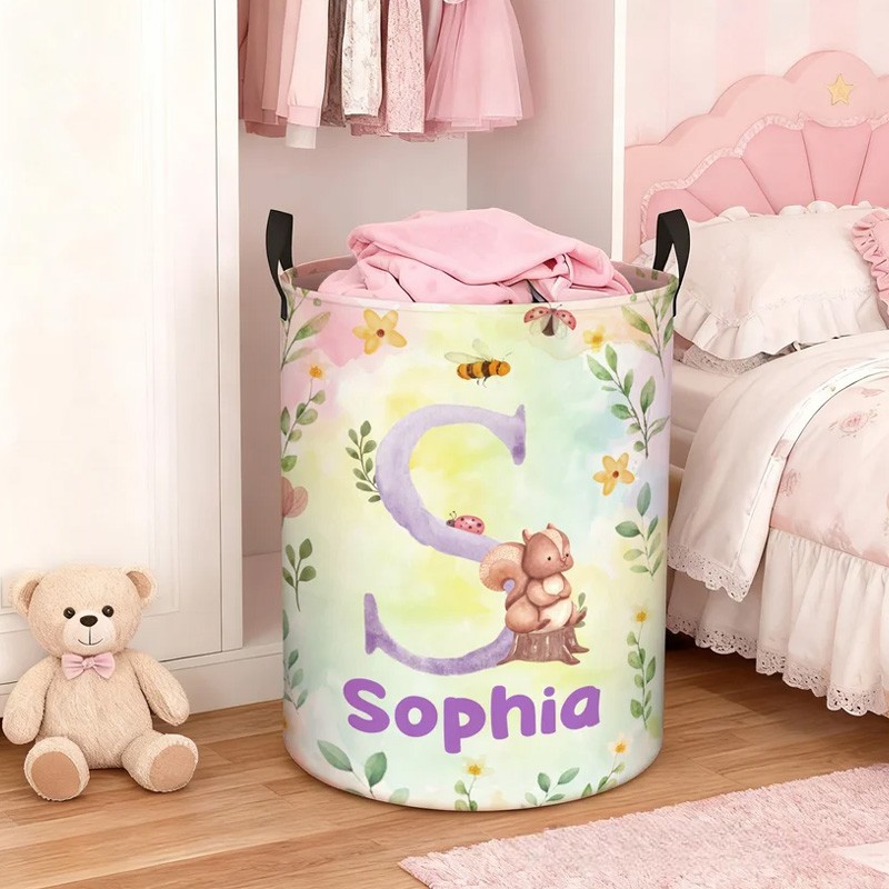 Personalized Cartoon Forest Animal Laundry Storage Basket with Name and Initial Daily Use Birthday Gift for Friend Family