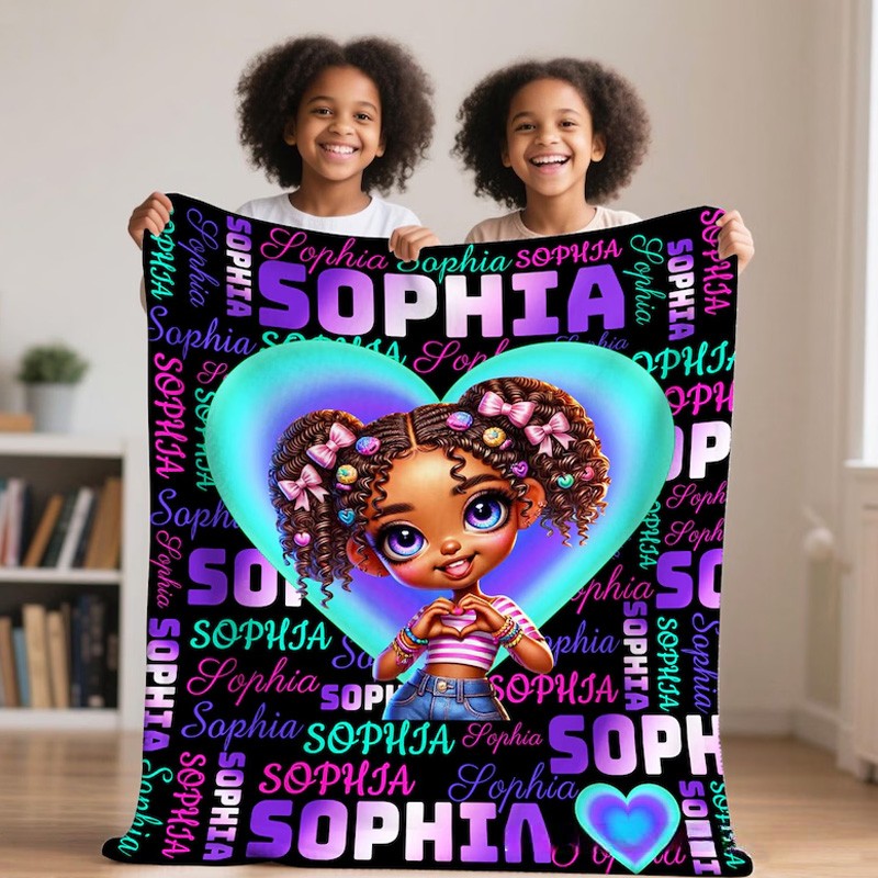Personalized Cute Girl Theme Custom Name Pink Heart Background Afro Hair Bow Art Design Blanket