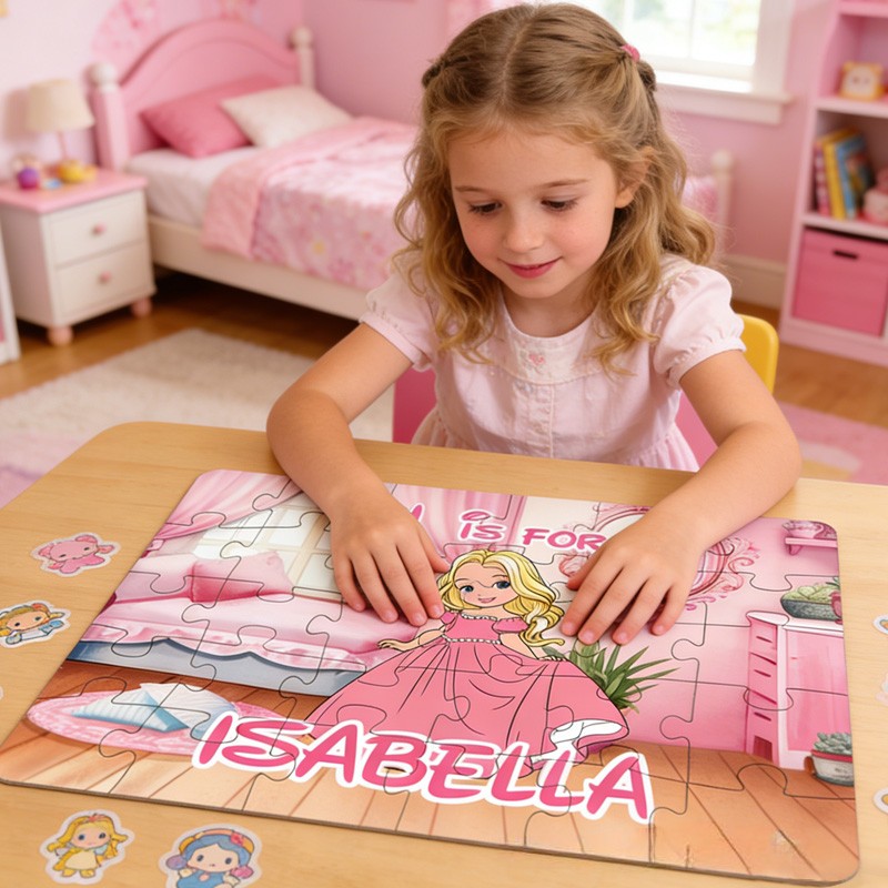 Personalized Beautiful Princess Theme Custom Name Pink Dress Castle Room Background Design Puzzle