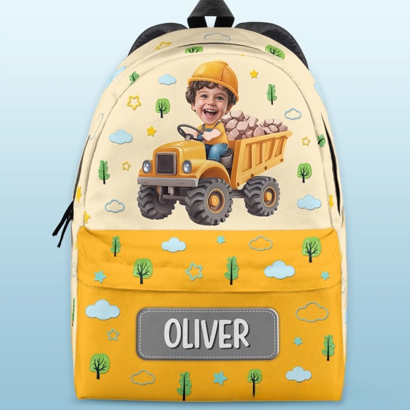 Personalized Cute Construction Theme Custom Name Photo Face Yellow Dump Truck Pattern Kids Backpack