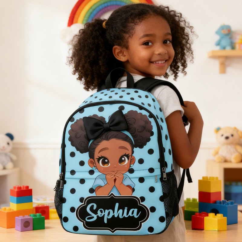 Personalized Adorable Cartoon Girl Theme Custom Name Black Bow Blue Background Kids Backpack