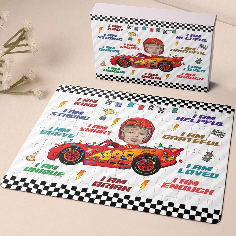 Personalized Cool Race Car Theme Custom Name Photo Print Motivational Quote Jigsaw Puzzle