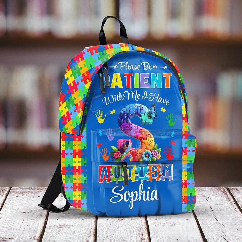 Personalized Colorful Autism Awareness Theme Custom Name Puzzle Heart Pattern Kids Backpack