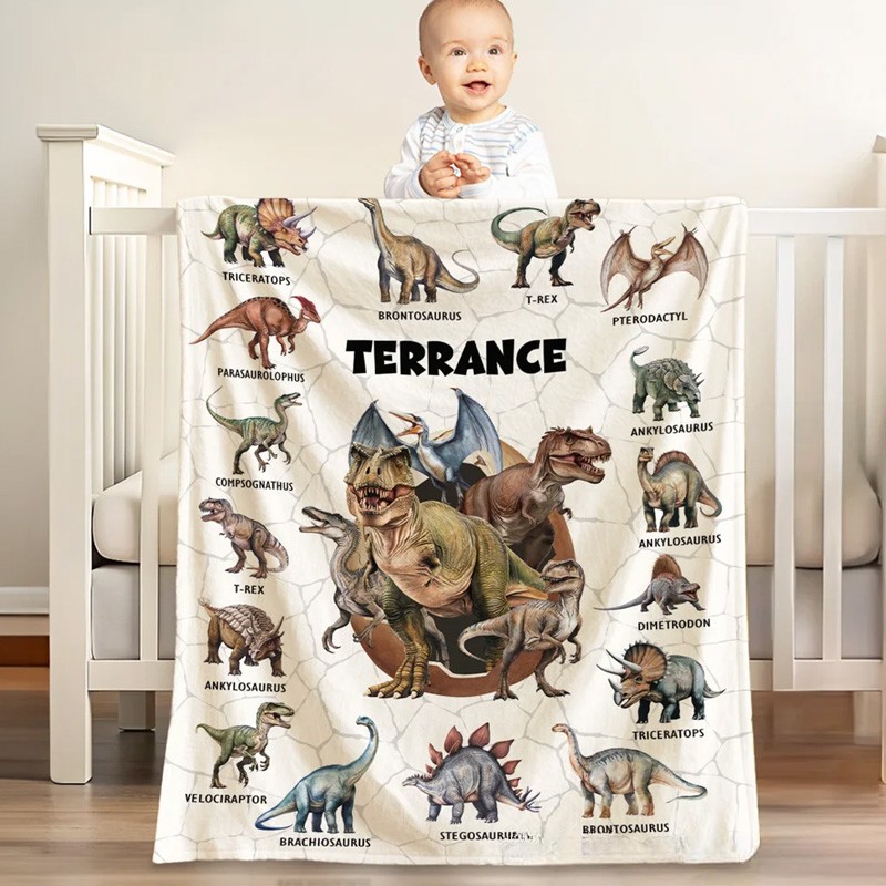 Personalized Dinosaur Themed Multicolor Soft Throw Blanket with Name Home Decor Birthday Gift for Kids Dinosaur Lover