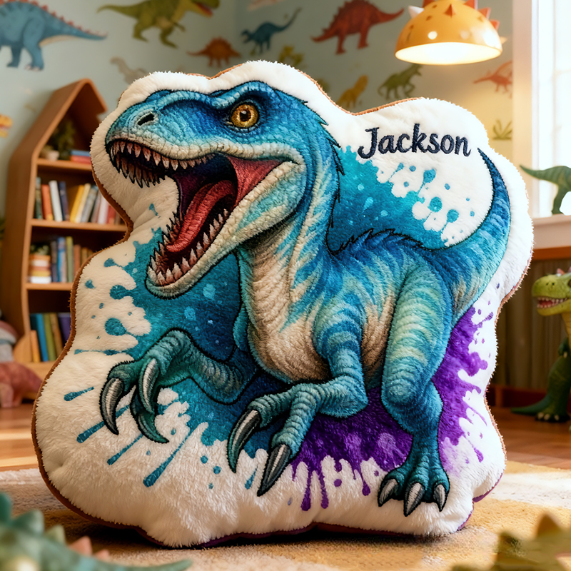 Personalized Blue Raptor Dinosaur Roaring With Splatter Art Kids Room Graphic 3D Print Pillow
