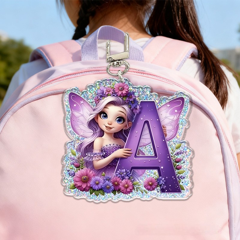 Personalized Fairy Initial Custom Name Soft Decorative Gift Magical Flower Garden Style Purple Sparkle Dream Cute Fantasy Girl Charm Lovely Glitter Keychain